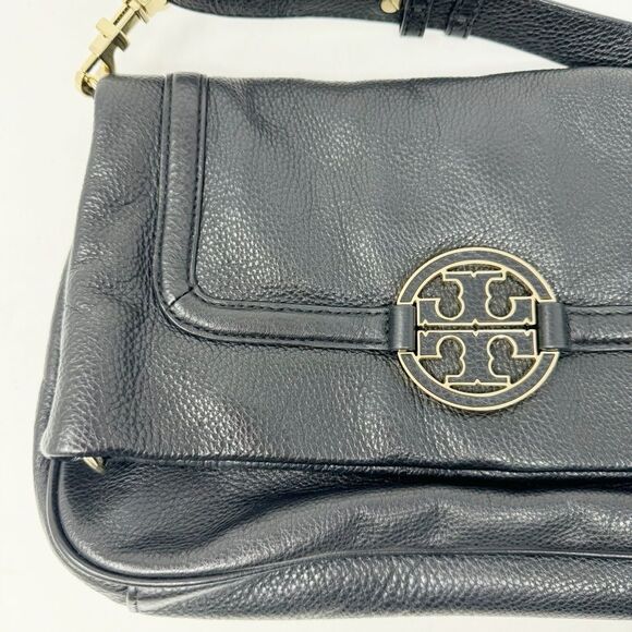 TORY BURCH | Amanda Leather Black & Gold Foldover Adjustable Crossbody Purse Bag - Picture 2 of 14